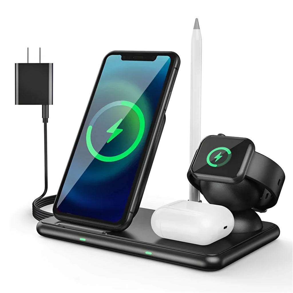 Black wireless charging station for Apple mobile phone, watch, and headset with Type-C connection