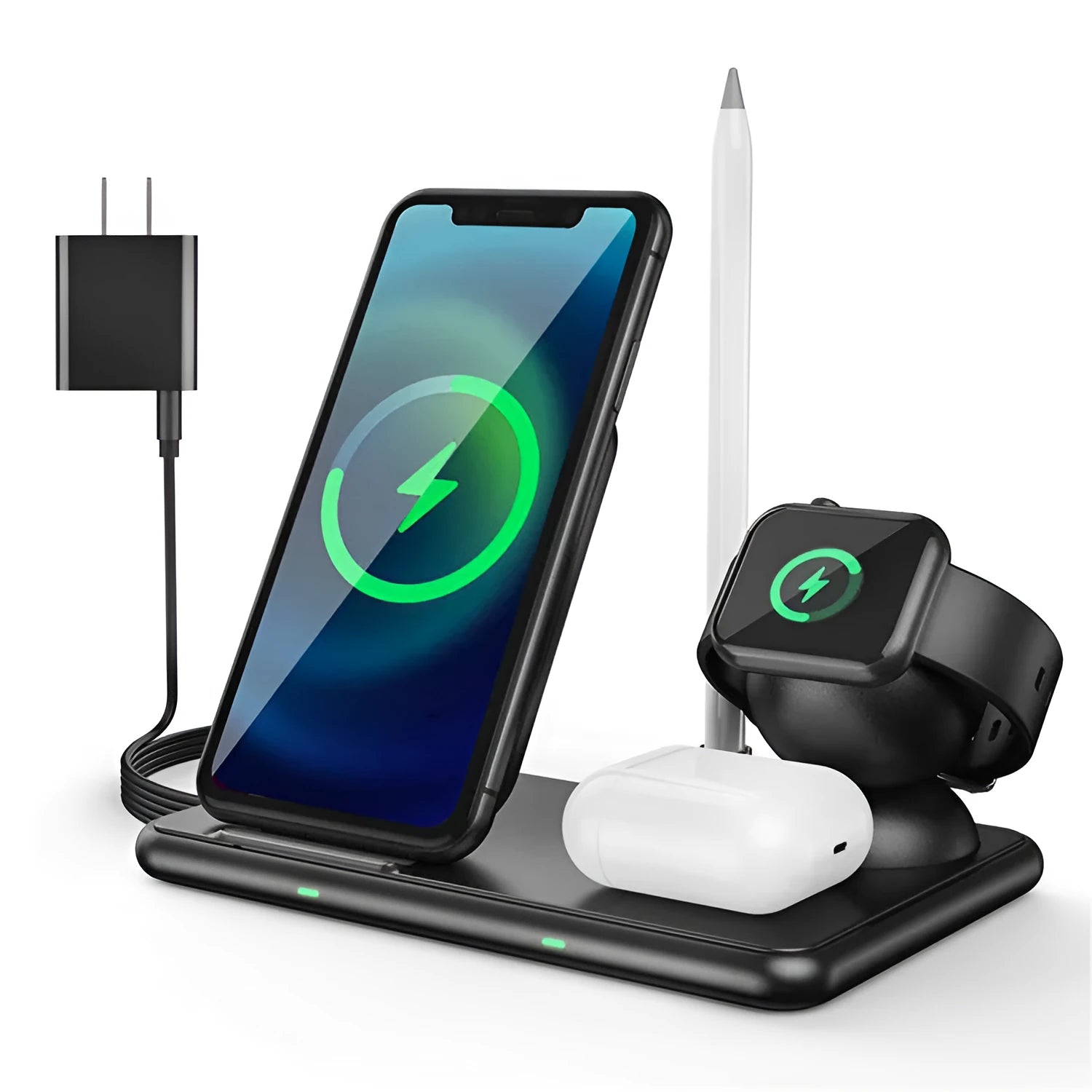 Black wireless charging station for Apple mobile phone, watch, and headset with Type-C connection