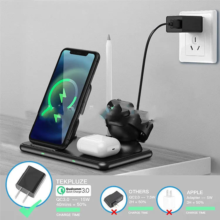Black wireless charging station for Apple mobile phone, watch, and headset with Type-C connection