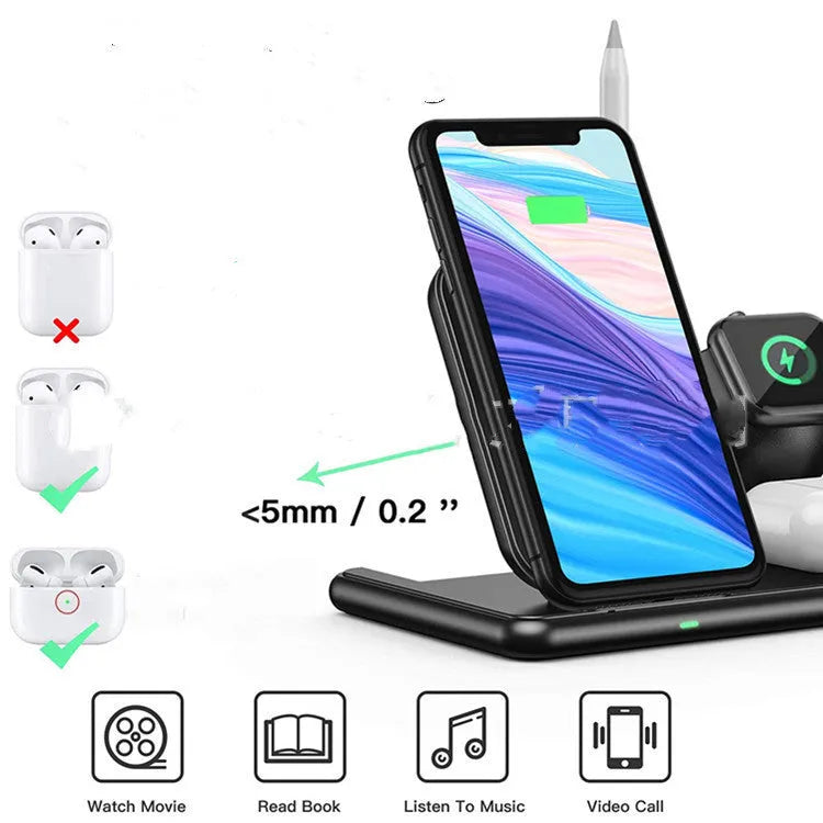 Black wireless charging station for Apple mobile phone, watch, and headset with Type-C connection