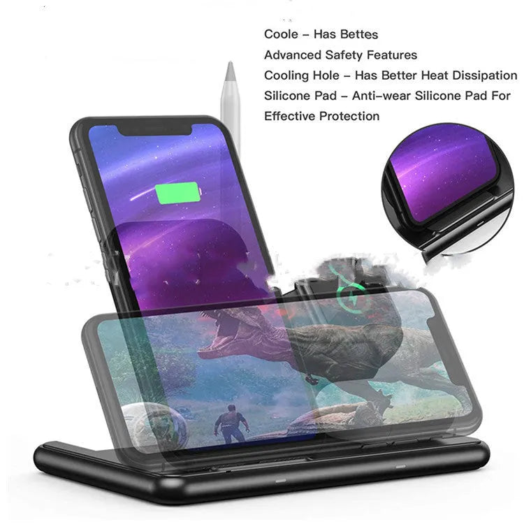 Black wireless charging station for Apple mobile phone, watch, and headset with Type-C connection