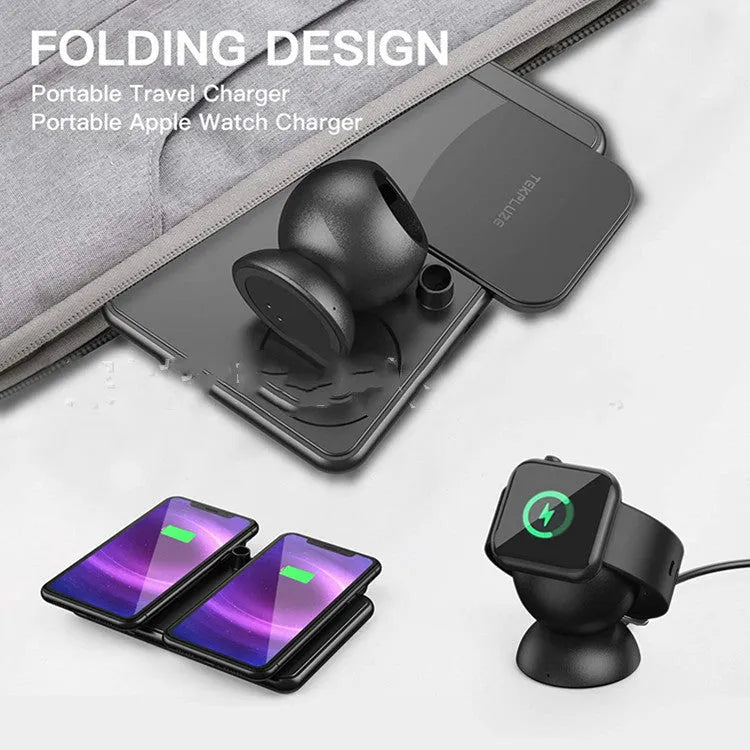 Black wireless charging station for Apple mobile phone, watch, and headset with Type-C connection