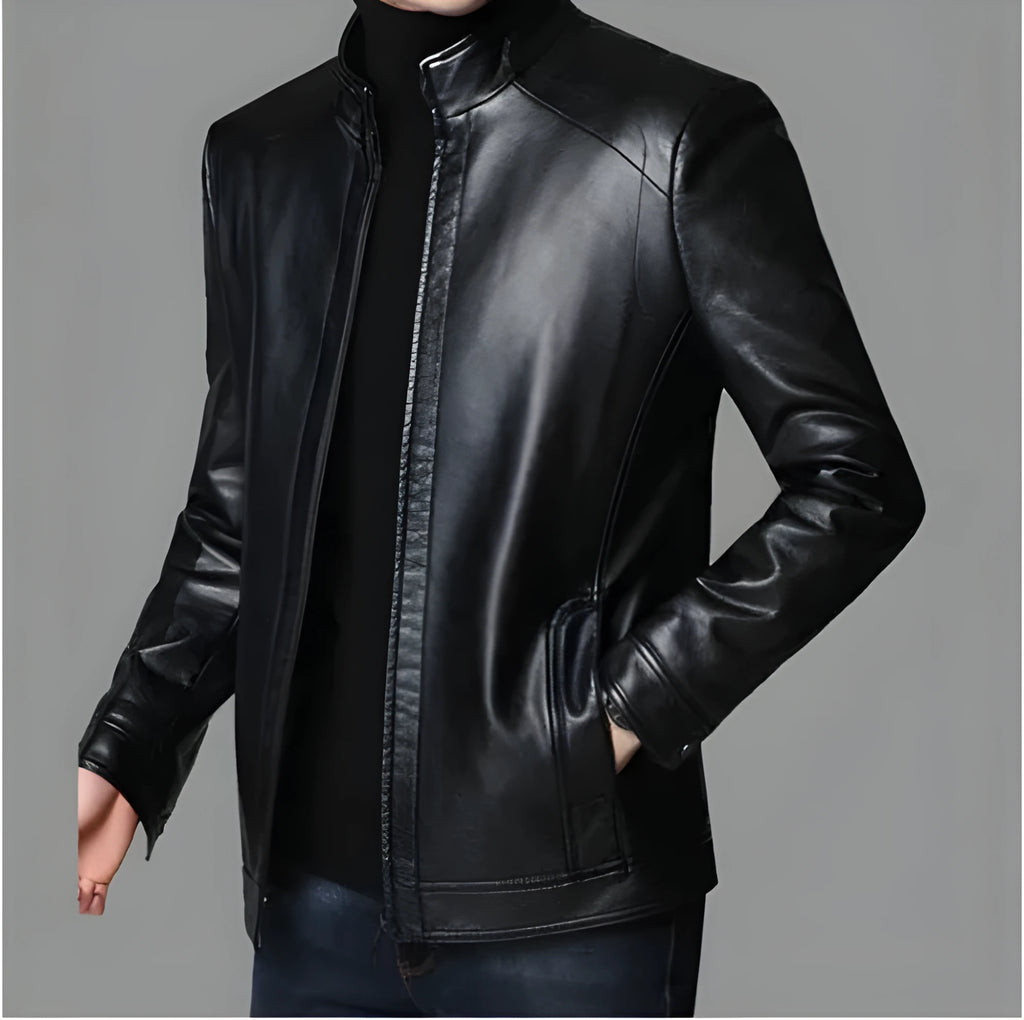 Middle-aged men's loose-fit artificial leather jacket with stand-up collar and epaulettes in Black and Brown, Asian sizes 170-190