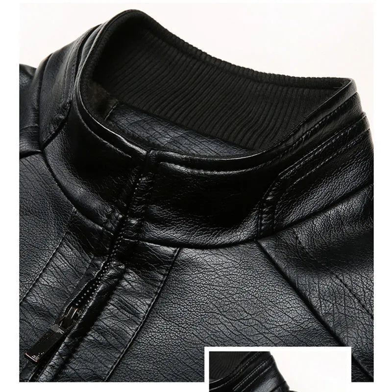 Middle-aged men's loose-fit artificial leather jacket with stand-up collar and epaulettes in Black and Brown, Asian sizes 170-190