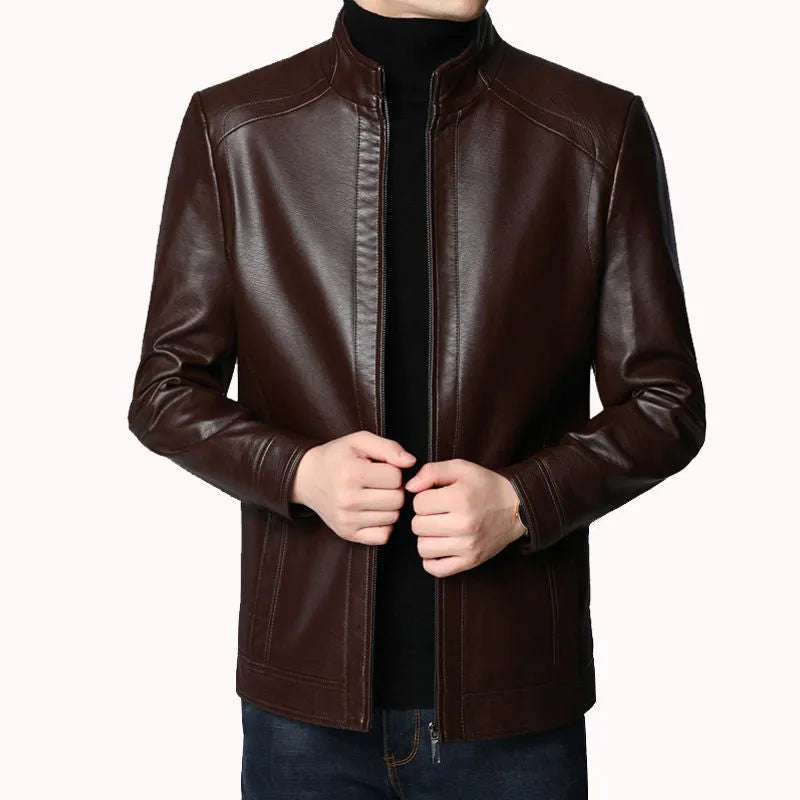 Middle-aged men's loose-fit artificial leather jacket with stand-up collar and epaulettes in Black and Brown, Asian sizes 170-190