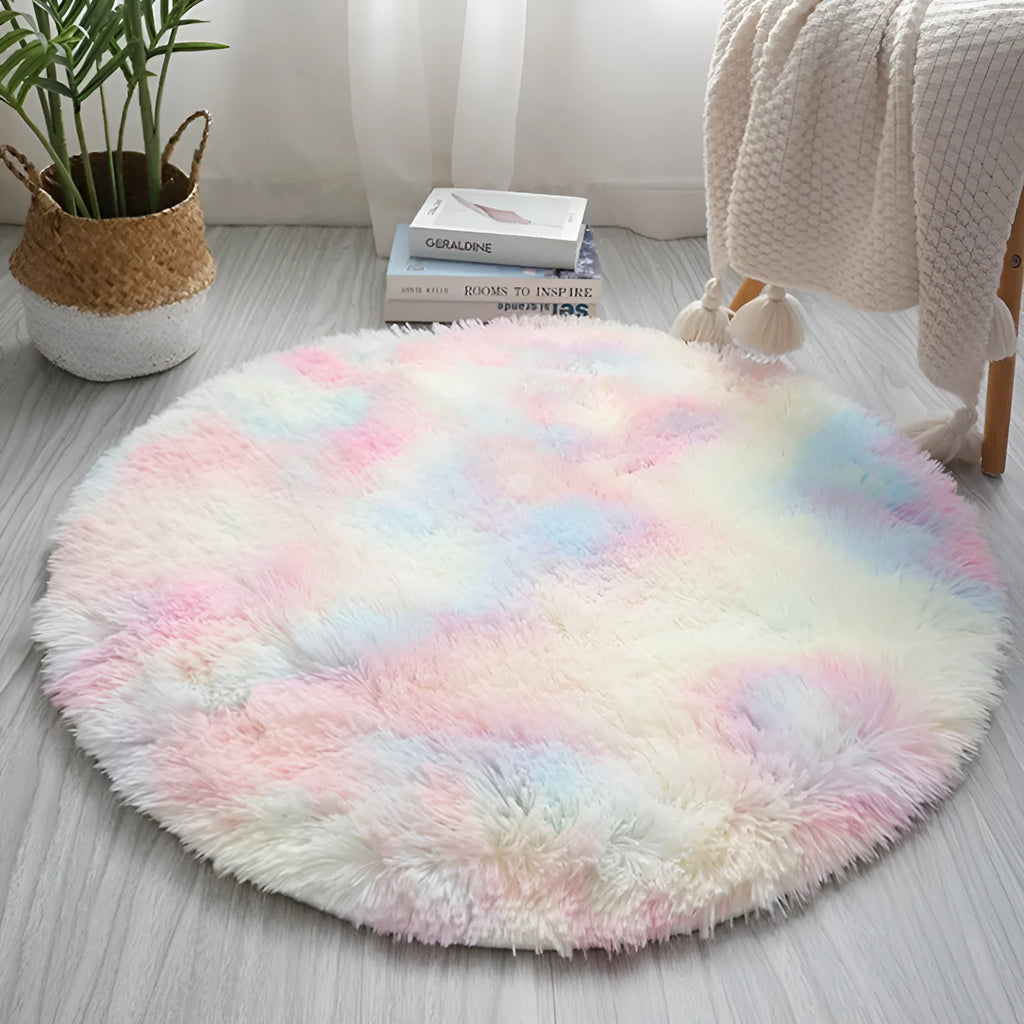 Round tie-dye rainbow polyester machine woven carpet, 60cm to 200cm diameter options, Nordic style
