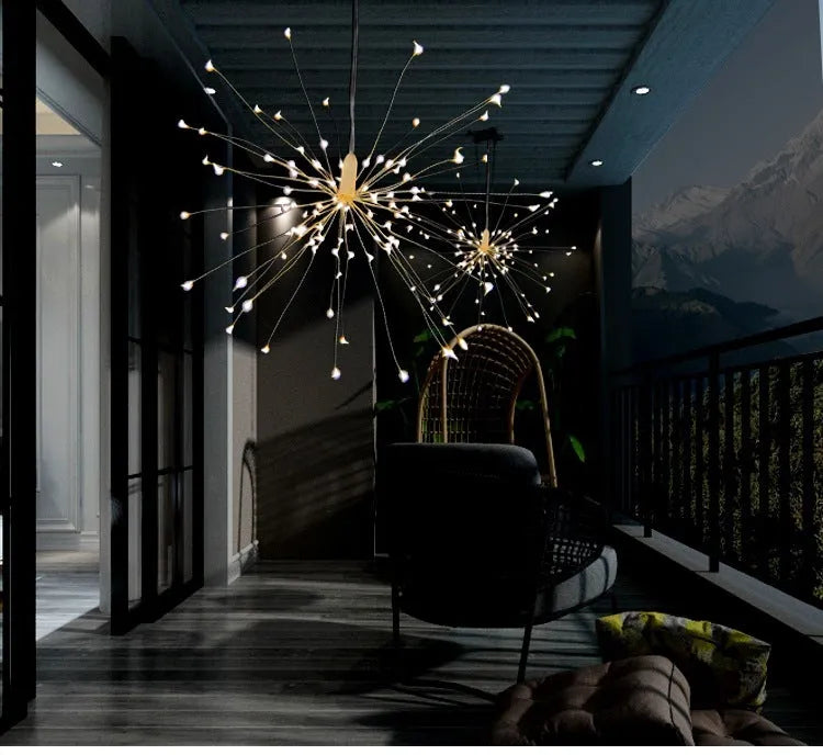 Solar-powered chandelier-style LED meteor shower light with remote control for outdoor garden use.