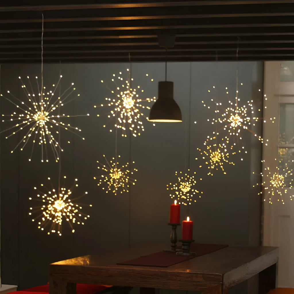 Solar-powered chandelier-style LED meteor shower light with remote control for outdoor garden use.