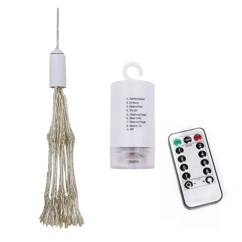 Solar-powered chandelier-style LED meteor shower light with remote control for outdoor garden use.