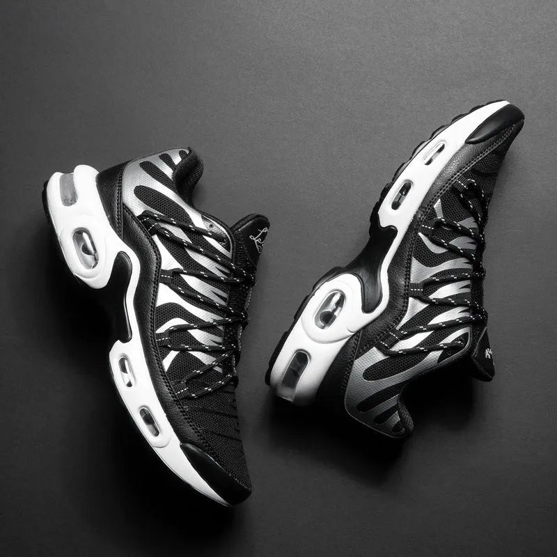 Men's training running shoes with air cushion, mesh upper, and rubber sole in black