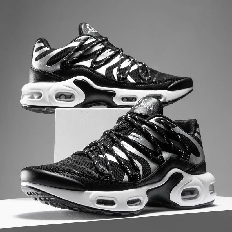 Men's training running shoes with air cushion, mesh upper, and rubber sole in black
