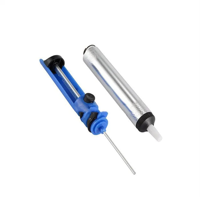 Manual solder sucker tin pump for electronics desoldering in gold, silver or blue colour