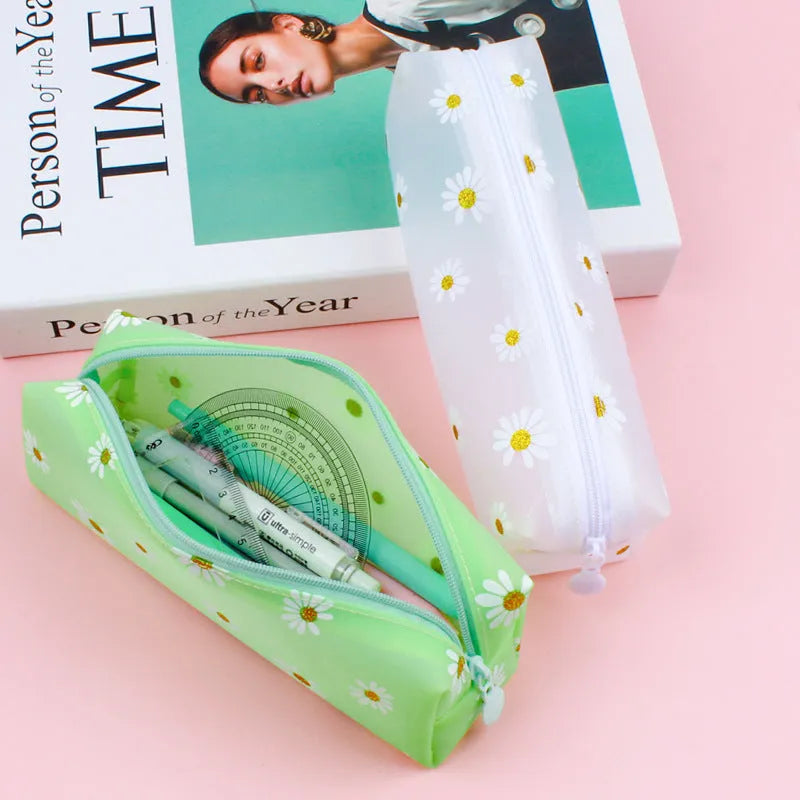 Transparent TPV daisy pencil case, square 19x5.5x6cm storage bag in black, green, light blue or white