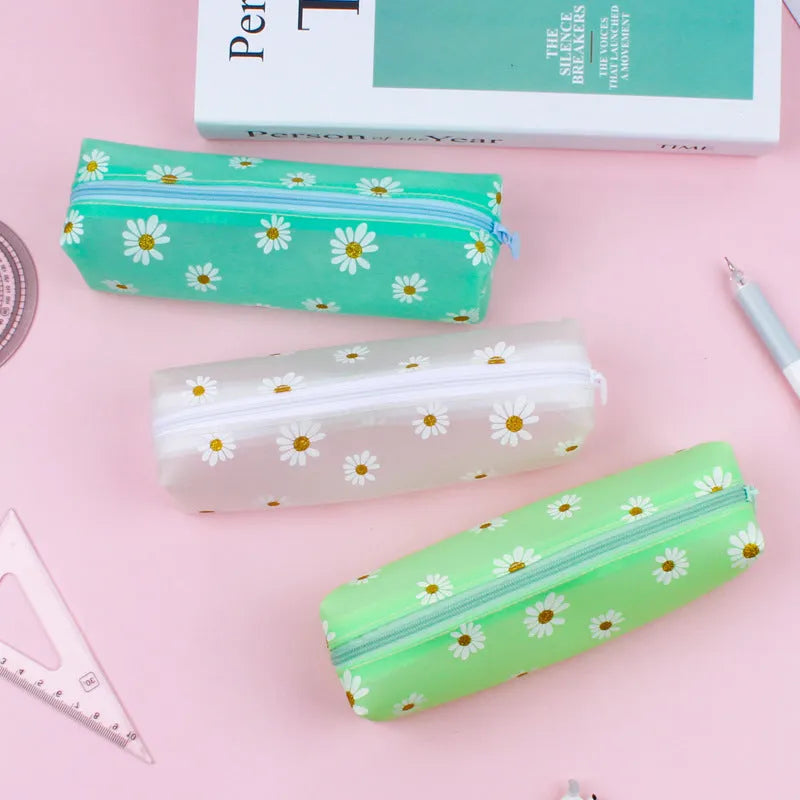Transparent TPV daisy pencil case, square 19x5.5x6cm storage bag in black, green, light blue or white