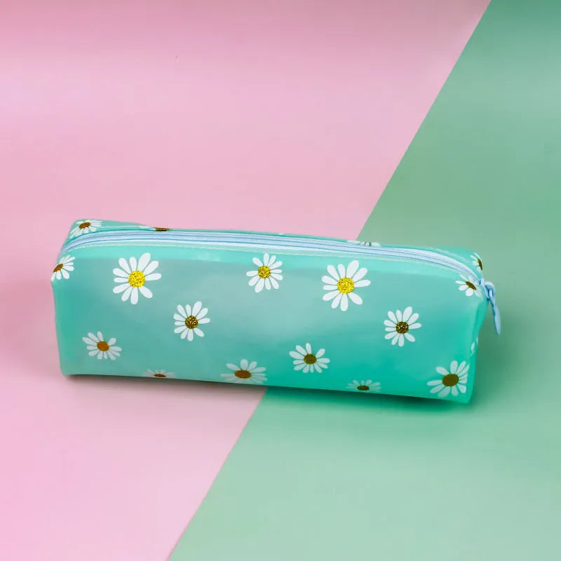 Transparent TPV daisy pencil case, square 19x5.5x6cm storage bag in black, green, light blue or white