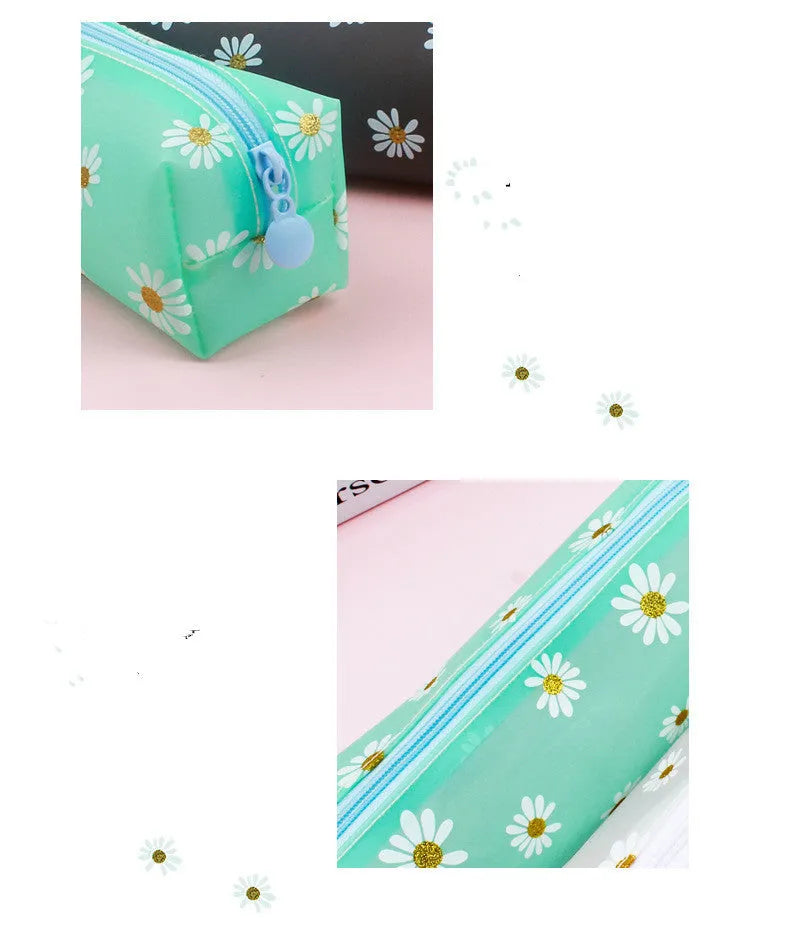 Transparent TPV daisy pencil case, square 19x5.5x6cm storage bag in black, green, light blue or white