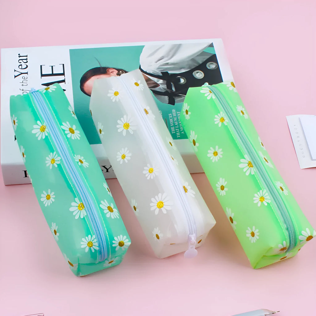 Transparent TPV daisy pencil case, square 19x5.5x6cm storage bag in black, green, light blue or white