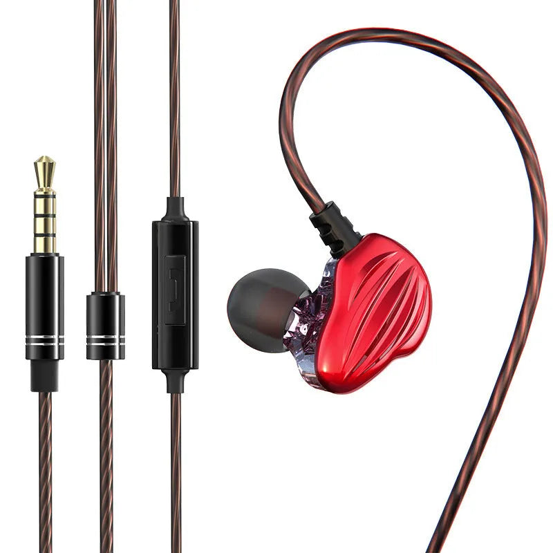 In-ear sports headphones with back-wound over-ear design in black, white, and red colours with 3.5mm plug