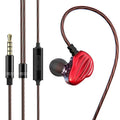 In-ear sports headphones with back-wound over-ear design in black, white, and red colours with 3.5mm plug