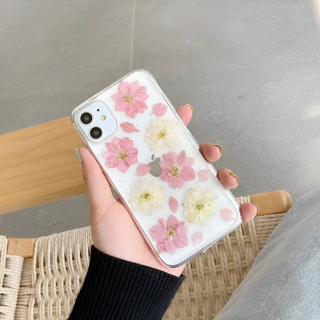 Hyuna handmade real flower transparent soft rubber phone case for OPPO Reno 5 Pro, blue and pink colours