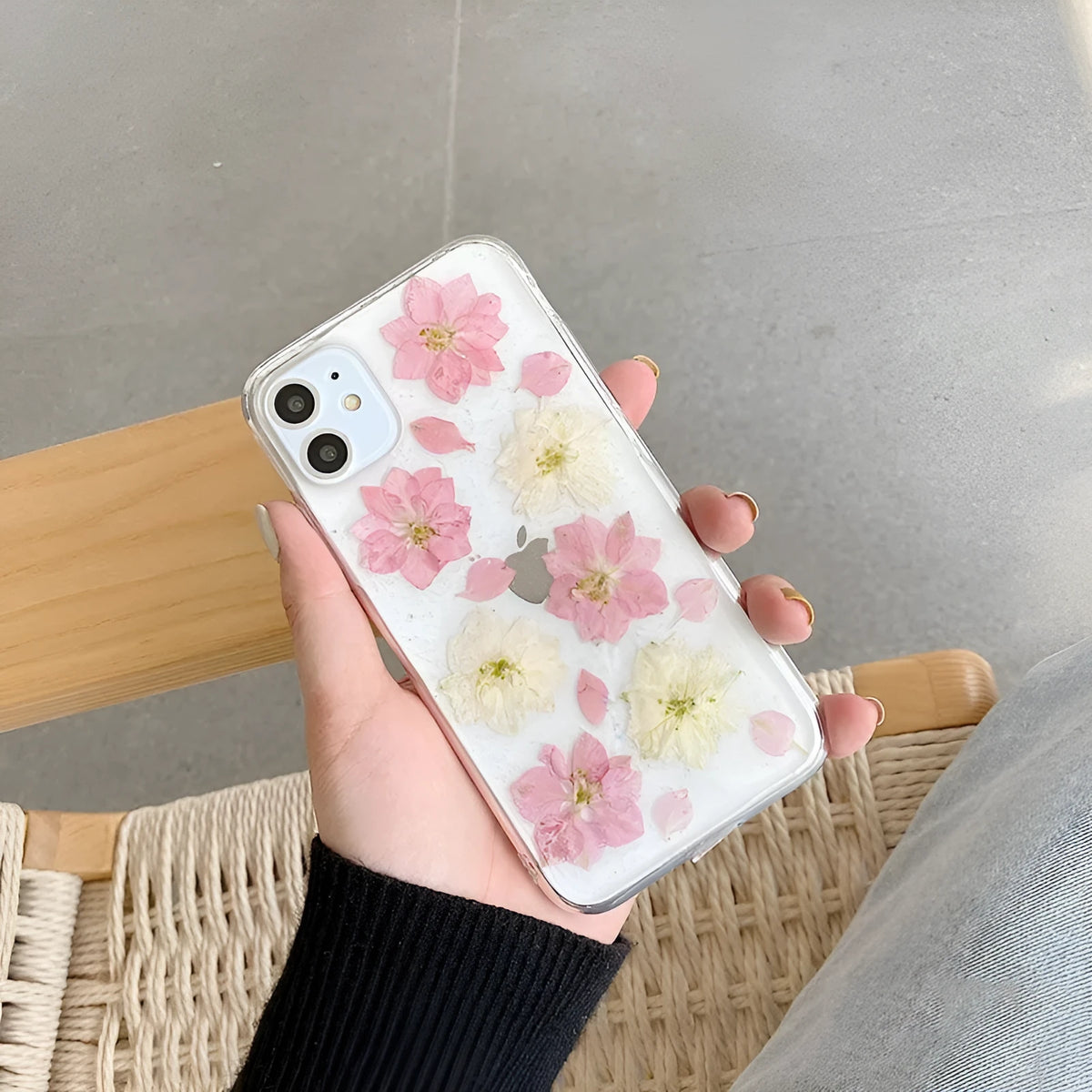 Hyuna handmade real flower transparent soft rubber phone case for OPPO Reno 5 Pro, blue and pink colours