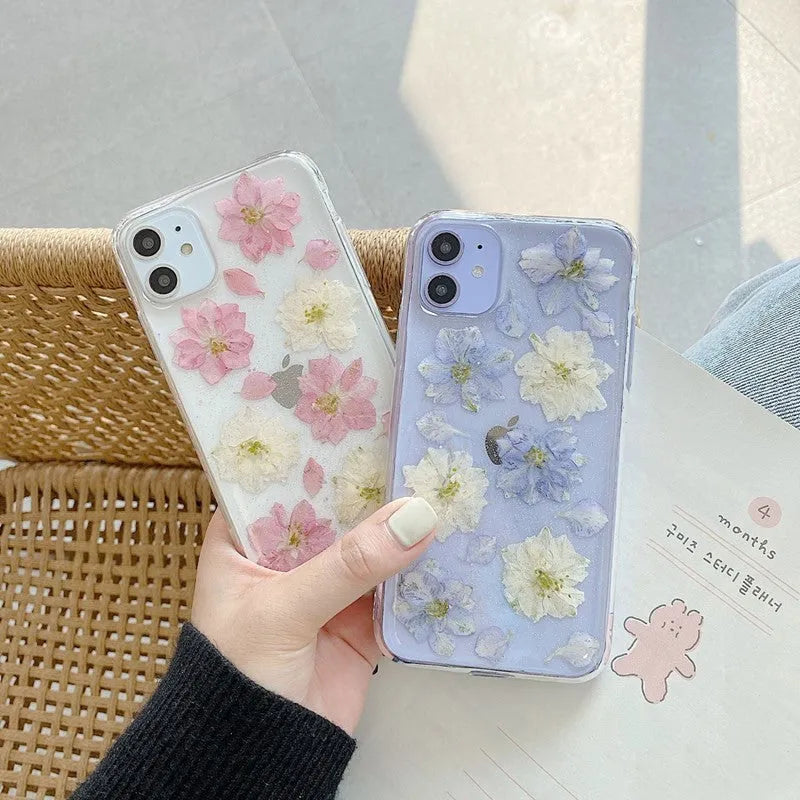 Hyuna handmade real flower transparent soft rubber phone case for OPPO Reno 5 Pro, blue and pink colours