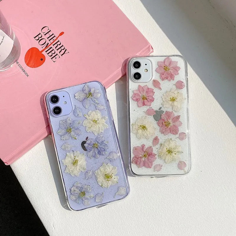 Hyuna handmade real flower transparent soft rubber phone case for OPPO Reno 5 Pro, blue and pink colours