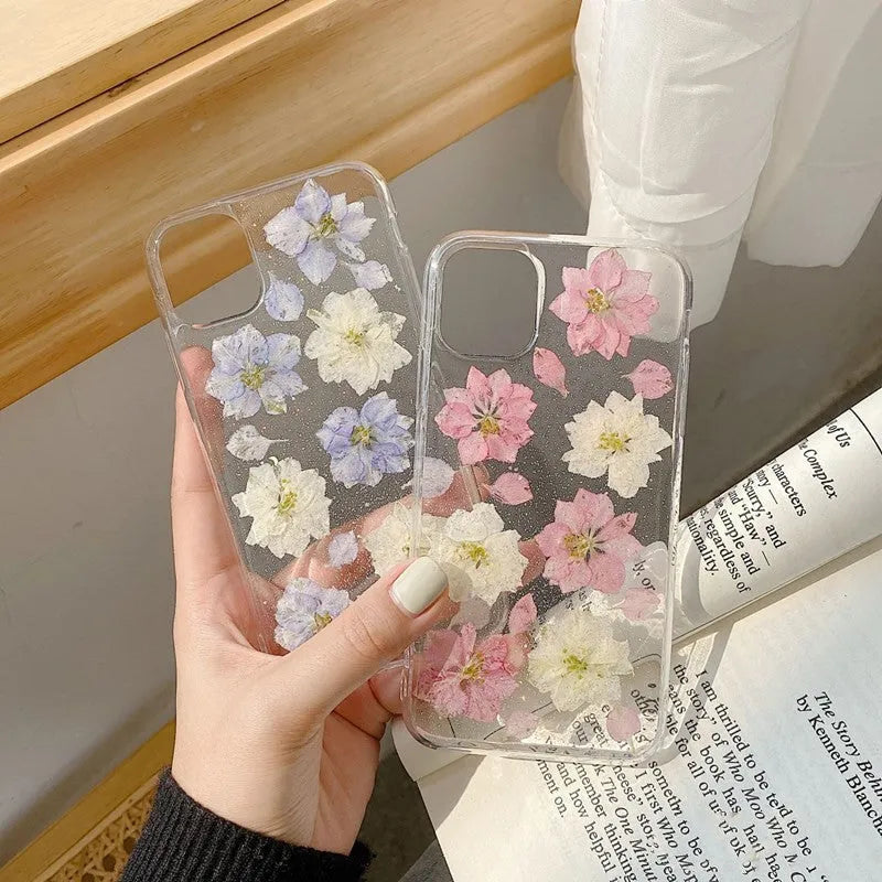 Hyuna handmade real flower transparent soft rubber phone case for OPPO Reno 5 Pro, blue and pink colours