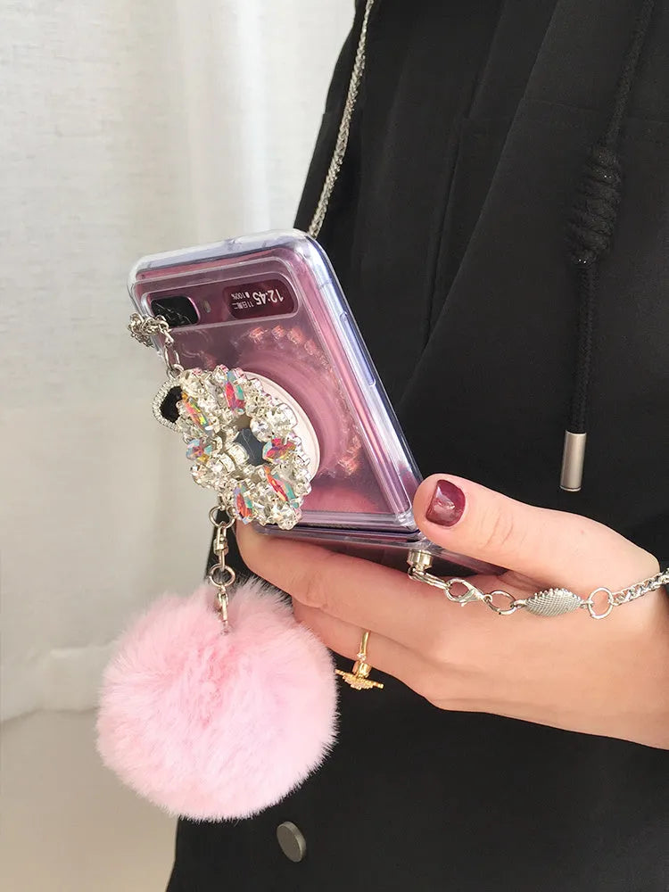 Samsung Galaxy Z Flip protective case with diagonal diamond hair powder hair ball cartoon design.