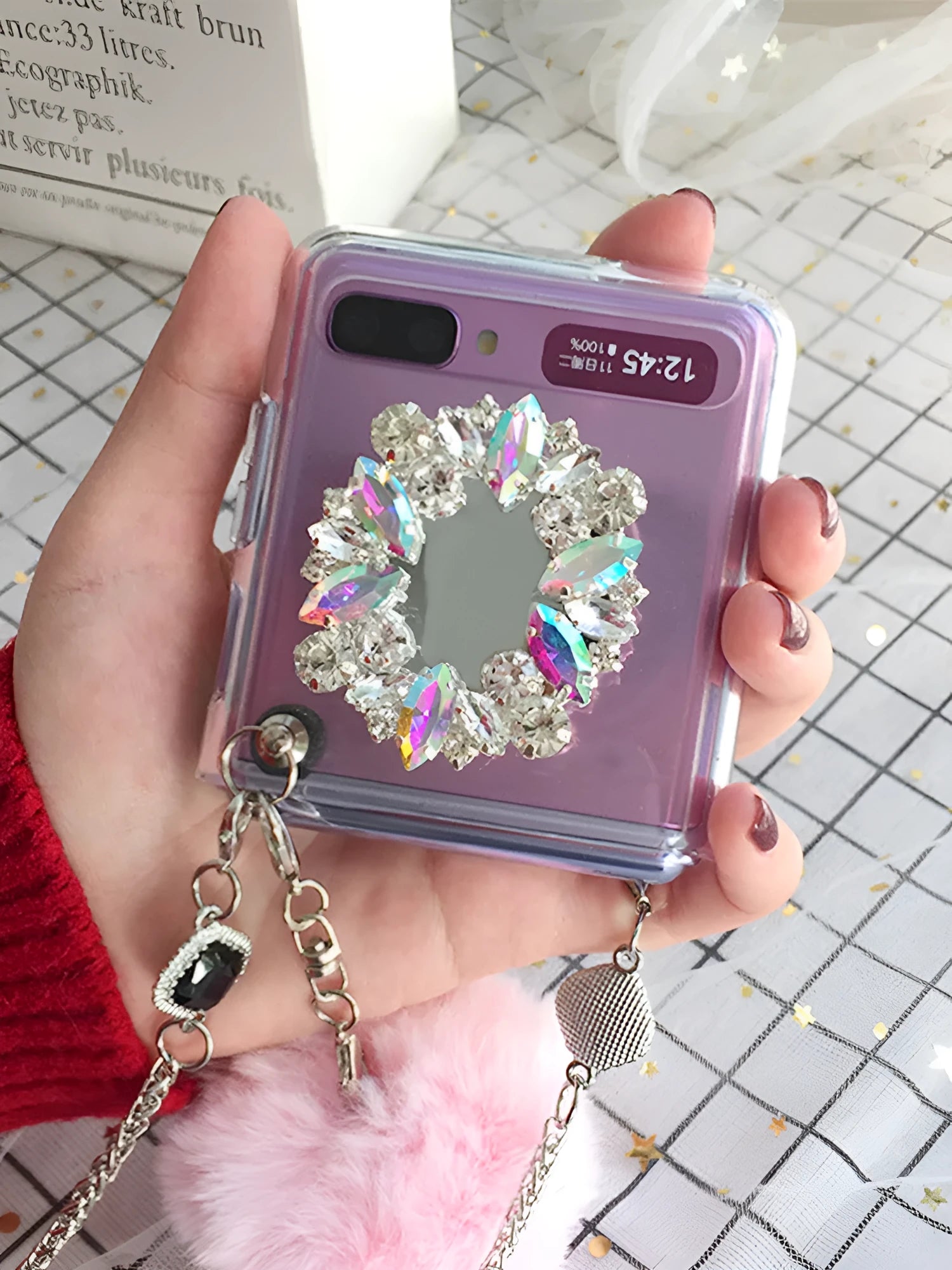 Samsung Galaxy Z Flip protective case with diagonal diamond hair powder hair ball cartoon design.