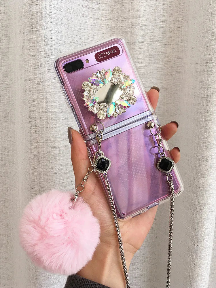 Samsung Galaxy Z Flip protective case with diagonal diamond hair powder hair ball cartoon design.