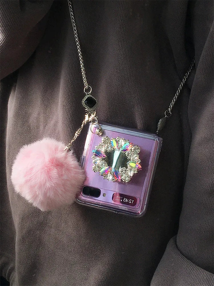 Samsung Galaxy Z Flip protective case with diagonal diamond hair powder hair ball cartoon design.