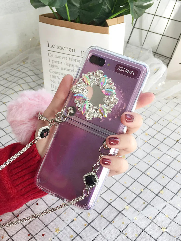 Samsung Galaxy Z Flip protective case with diagonal diamond hair powder hair ball cartoon design.