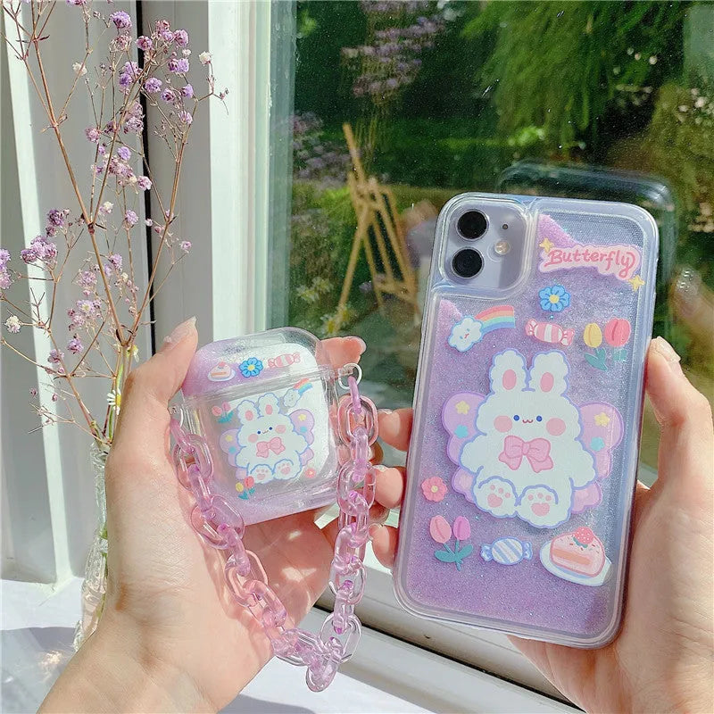 Pink acrylic quicksand bracelet earphone case with animal cartoon design and chain for AirPods