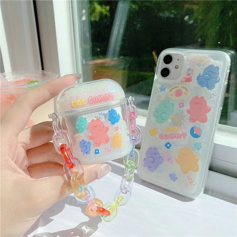 Pink acrylic quicksand bracelet earphone case with animal cartoon design and chain for AirPods