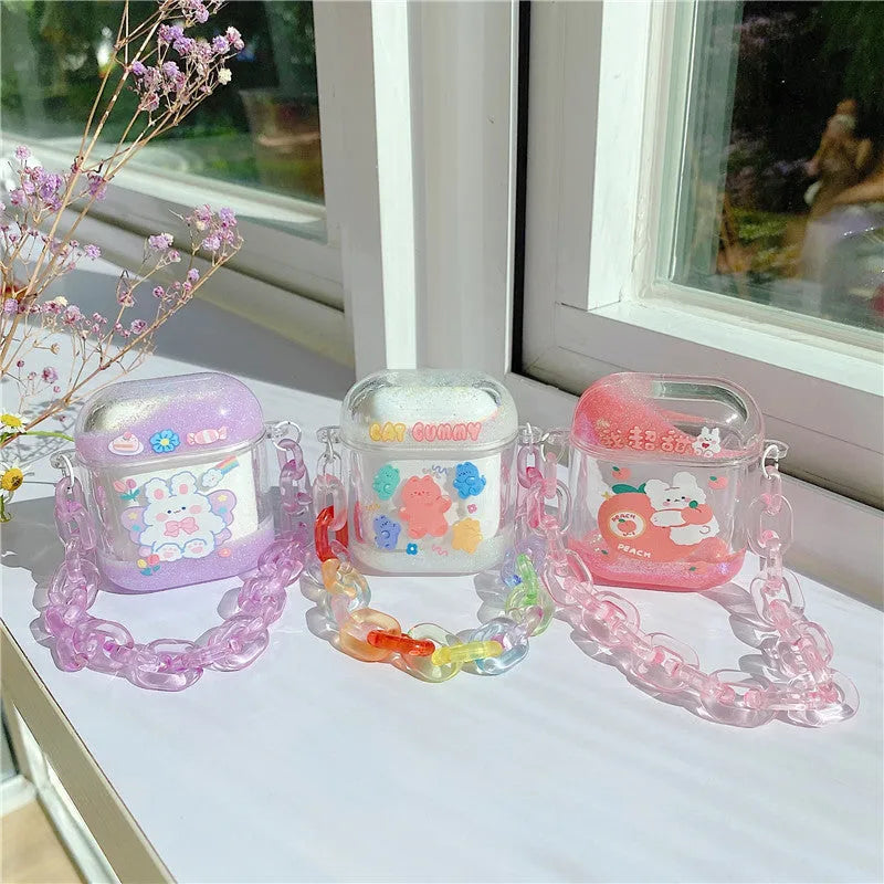 Pink acrylic quicksand bracelet earphone case with animal cartoon design and chain for AirPods