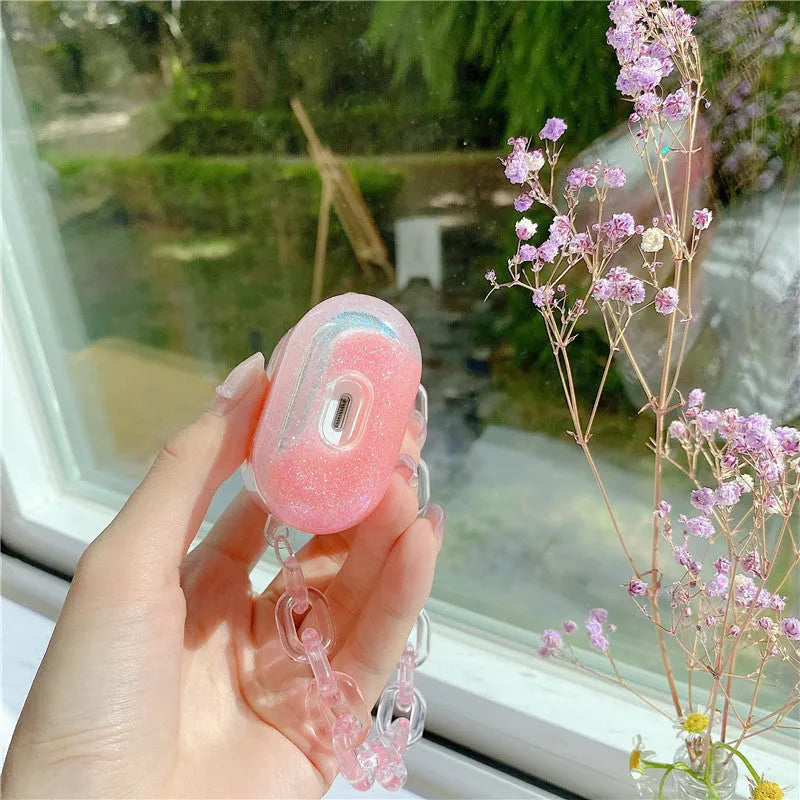 Pink acrylic quicksand bracelet earphone case with animal cartoon design and chain for AirPods