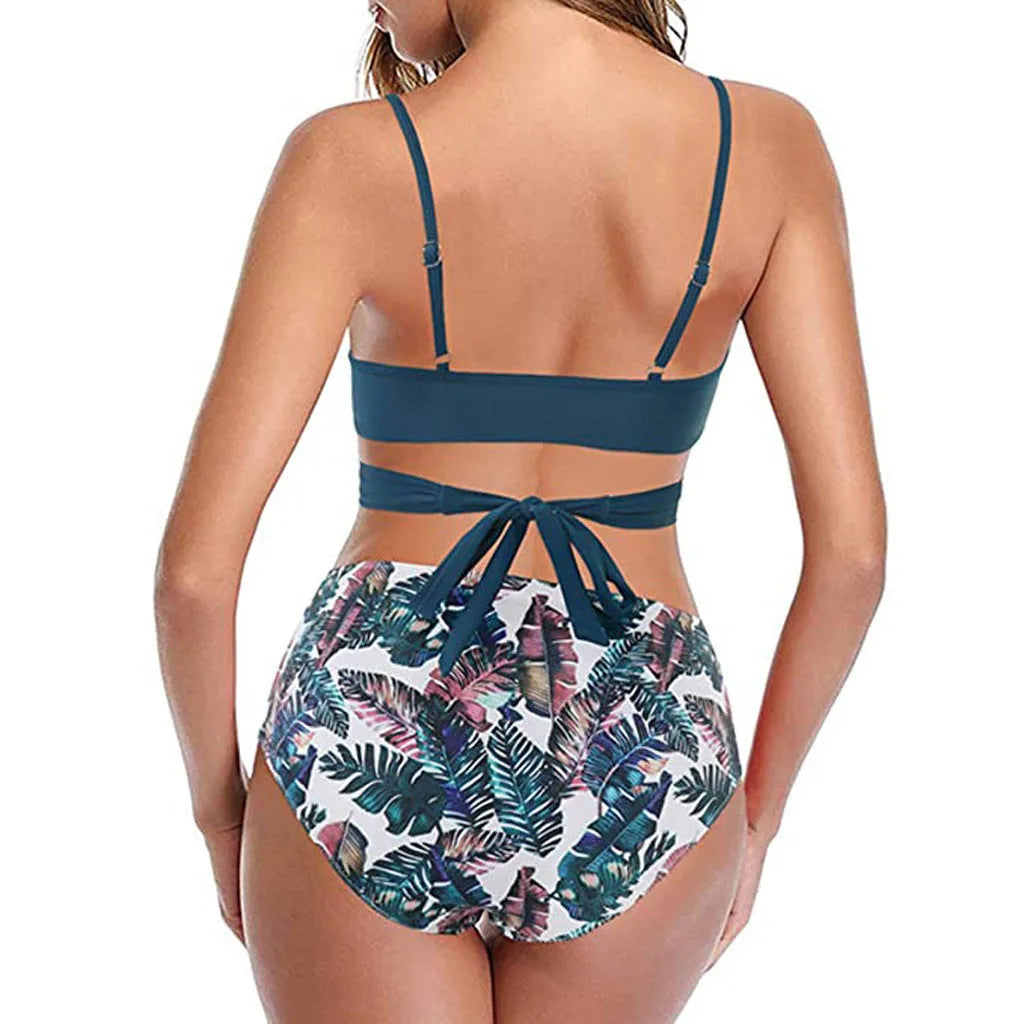 Women's solid print bikini set with push-up top, leopard pattern, polyester fabric, available in multiple sizes