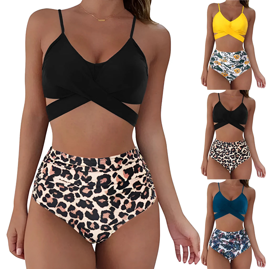 Women's solid print bikini set with push-up top, leopard pattern, polyester fabric, available in multiple sizes