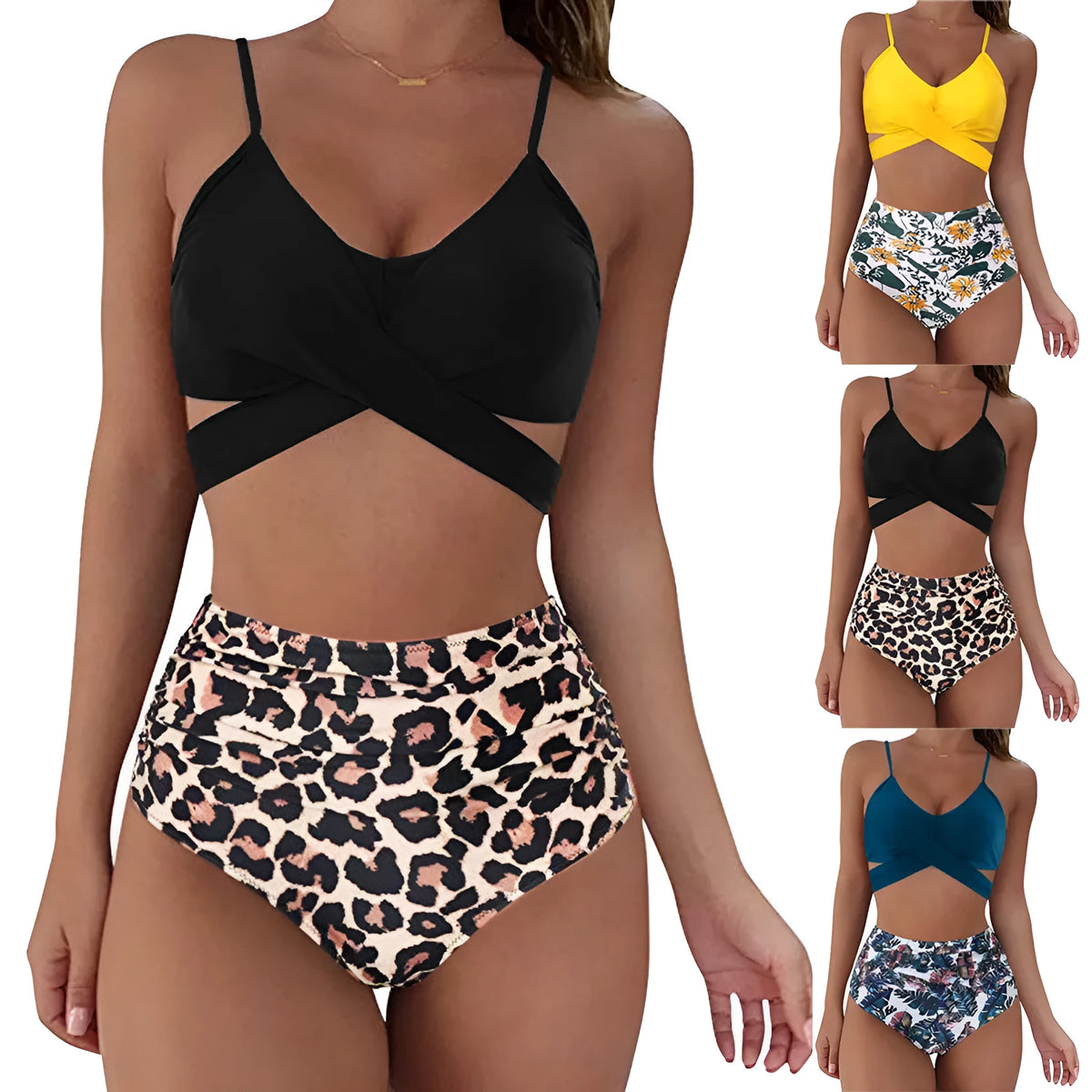 Women's solid print bikini set with push-up top, leopard pattern, polyester fabric, available in multiple sizes