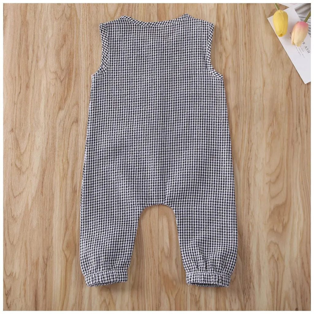 Black baby romper with lid buckle closure and sleeveless cotton design for newborns