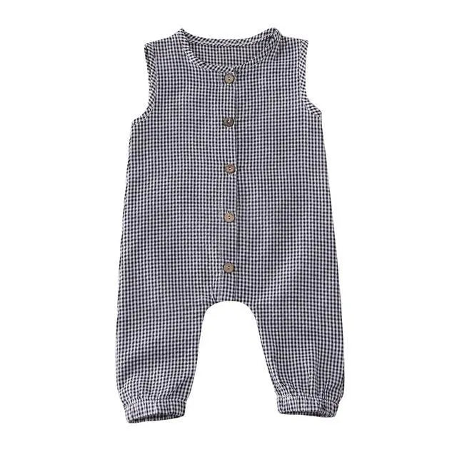Black baby romper with lid buckle closure and sleeveless cotton design for newborns