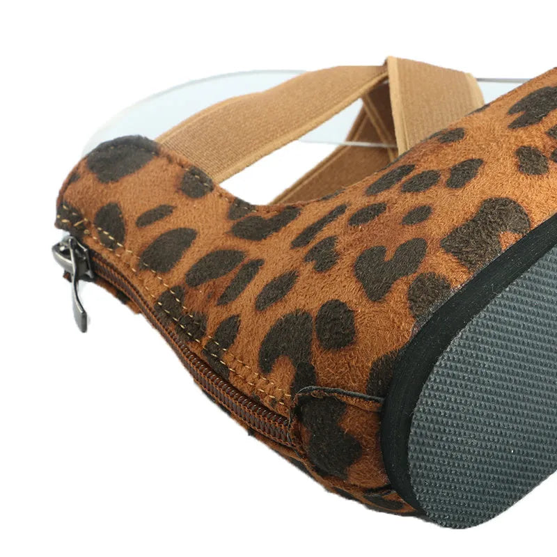 Women's leopard print PU flat shoes with elastic strap and round toe, side view