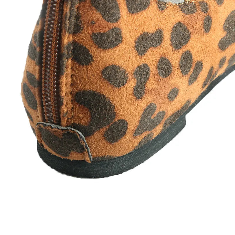 Women's leopard print PU flat shoes with elastic strap and round toe, side view