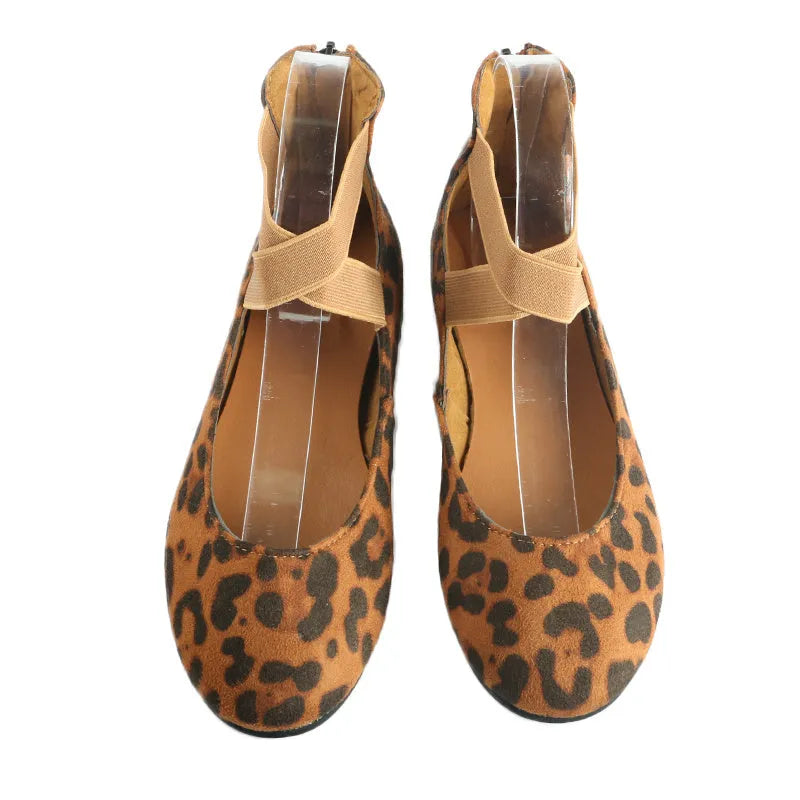Women's leopard print PU flat shoes with elastic strap and round toe, side view