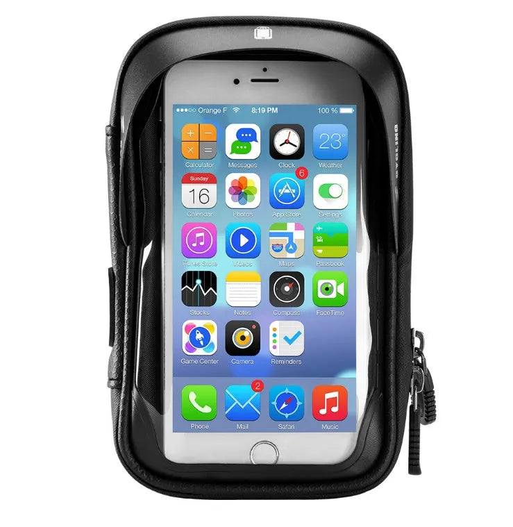 Black waterproof bicycle handlebar bag with transparent touch screen and rotating mount for navigation