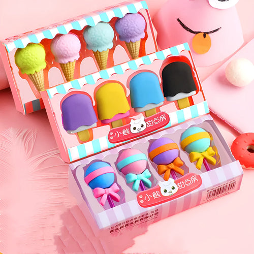 Set of 12 colourful cartoon erasers shaped like ice cream cones, donuts, and lollipops for children.