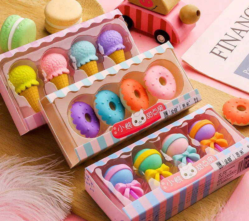 Set of 12 colourful cartoon erasers shaped like ice cream cones, donuts, and lollipops for children.