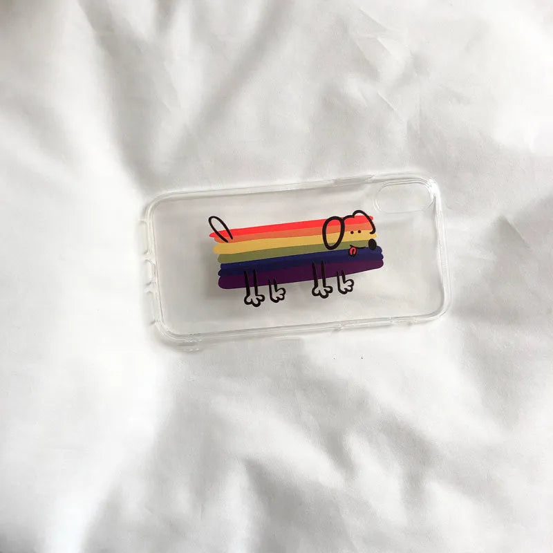 Rainbow puppy print phone case for iPhone with colourful dog design on white background