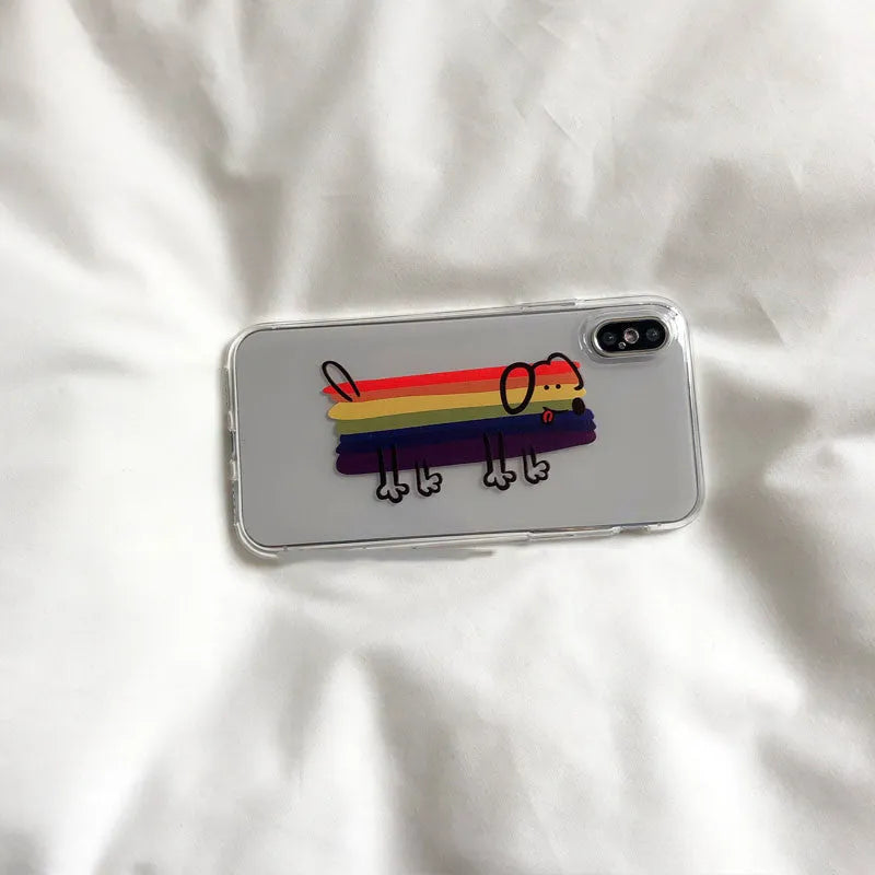 Rainbow puppy print phone case for iPhone with colourful dog design on white background